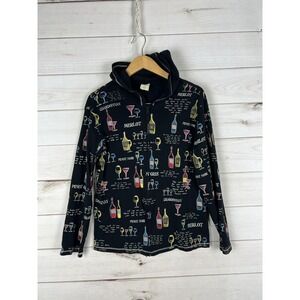 Jess & Jane Sweatshirt Womens XL Black Wine Print Zip Cotton Hoodie Made in USA